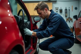 Technicien automobile examinant le câblage sous le tableau de bord d'une Renault Clio 2 rouge dans un garage privé