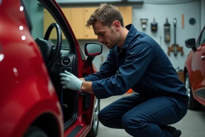 Technicien automobile examinant le câblage sous le tableau de bord d'une Renault Clio 2 rouge dans un garage privé