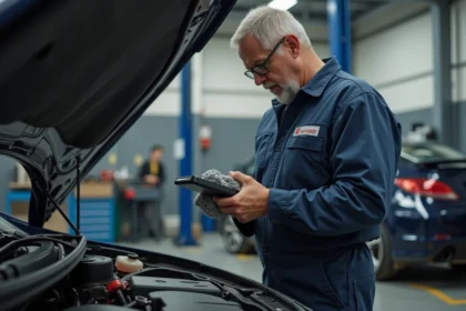 Mécanicien automobile en atelier regardant un code erreur