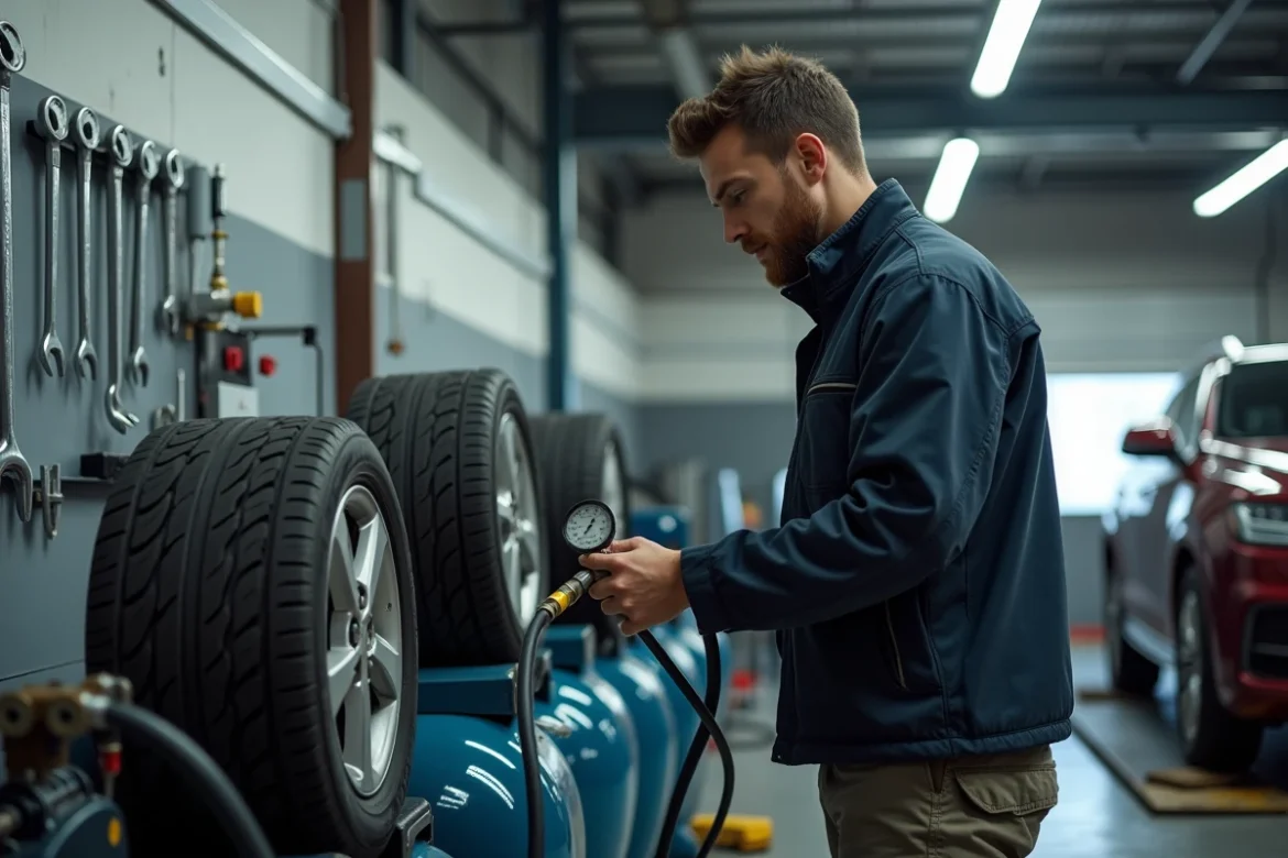 Technicien gonflant un pneu avec un compresseur professionnel dans un atelier de réparation automobile