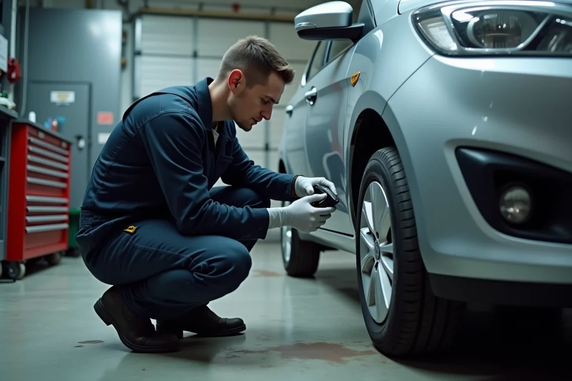 Technicien automobile diagnostiquant un défaut ESP ASR avec un scanner OBD2 en atelier