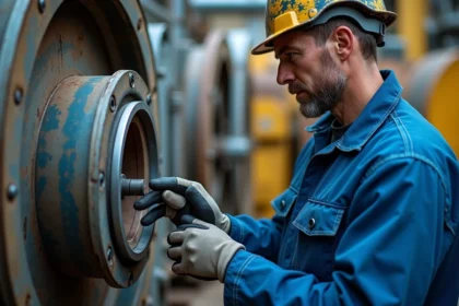 Technicien industriel inspectant un PT Drive en extérieur