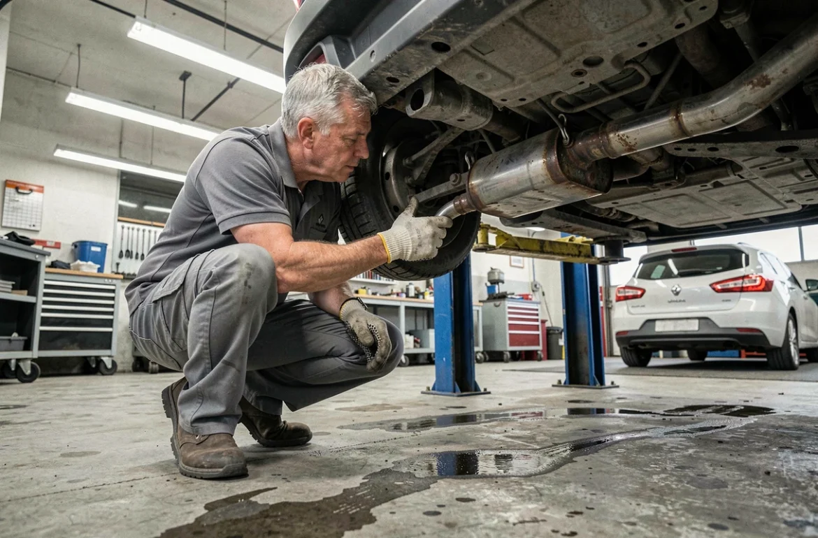 Technicien automobile inspectant le système d'échappement et le catalyseur sous une Renault levée pour identifier un code moteur DTC253F29