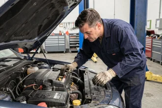 Technicien automobile inspectant un moteur diesel 1.5 BlueHDi dans un atelier de réparation professionnel