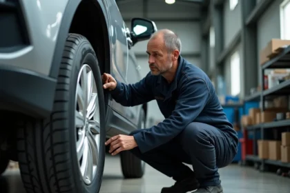 Technicien automobile inspectant un pneu toutes saisons dans un garage professionnel