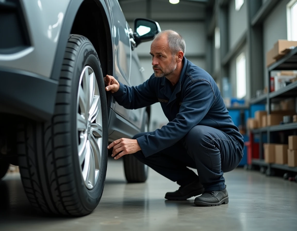 Technicien automobile inspectant un pneu toutes saisons dans un garage professionnel
