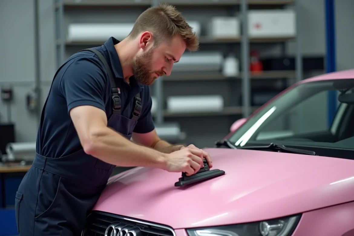 Technicien posant un covering vinyle rose mat sur le capot d'une Audi A1 en atelier