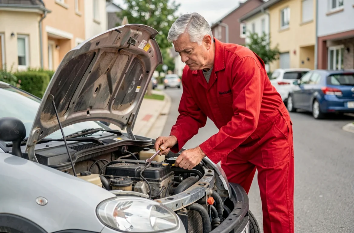 Technicien réparant le moteur d'une voiture sans permis dans une rue résidentielle