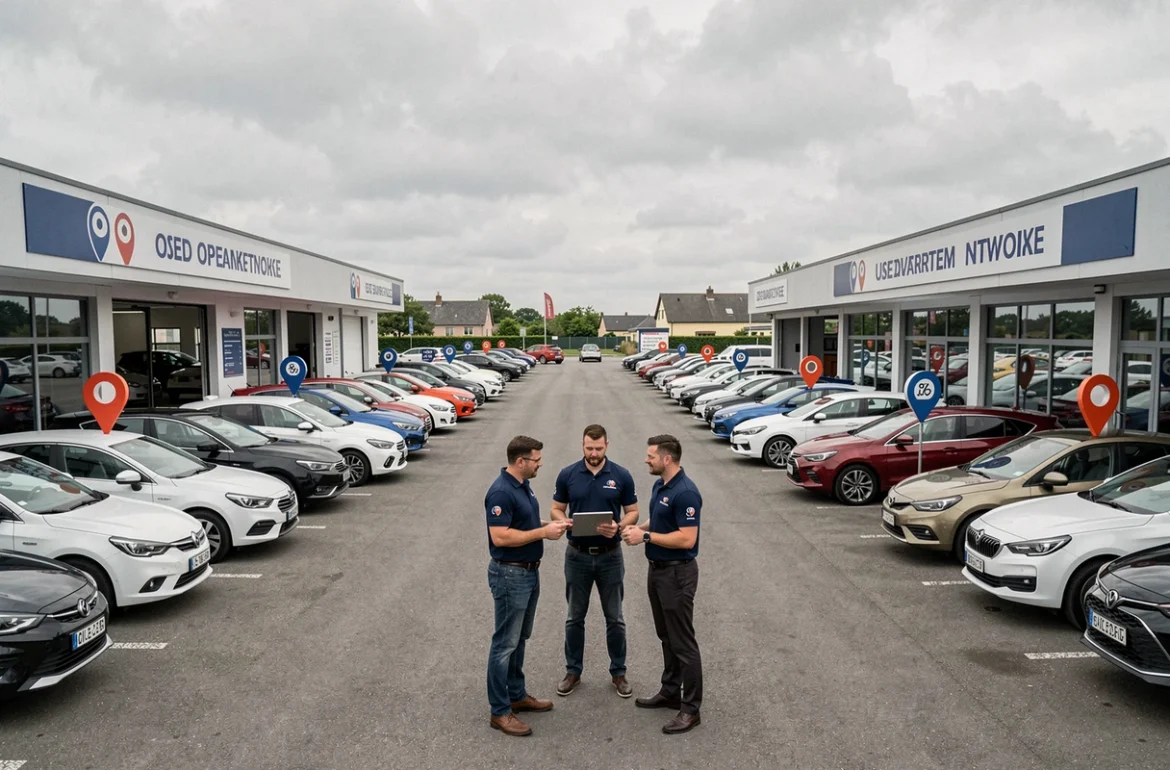 Réseau multisite Top Garage Oise avec plusieurs véhicules exposés et une équipe commerciale réunie sur le parvis