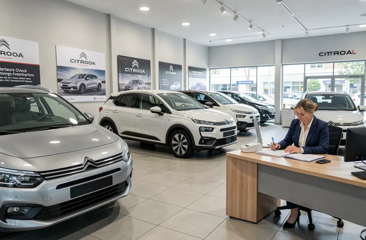 Showroom de Trébon-Auto Citroën avec des véhicules d'occasion Citroën exposés et une conseillère en vente