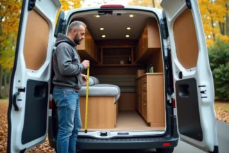 Homme mesurant l'intérieur d'un van aménagé avec un mètre