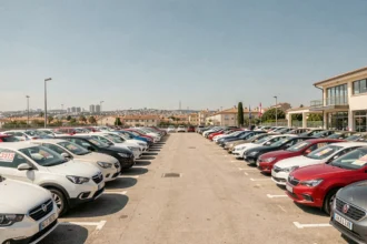 Lot de voitures d'occasion dans les Bouches-du-Rhône avec des rangées de véhicules propres sous un ciel méditerranéen
