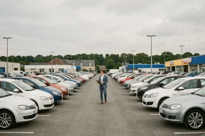 Vue d'ensemble d'un parking de concessionnaire de voitures d'occasion dans l'Oise avec plusieurs véhicules alignés