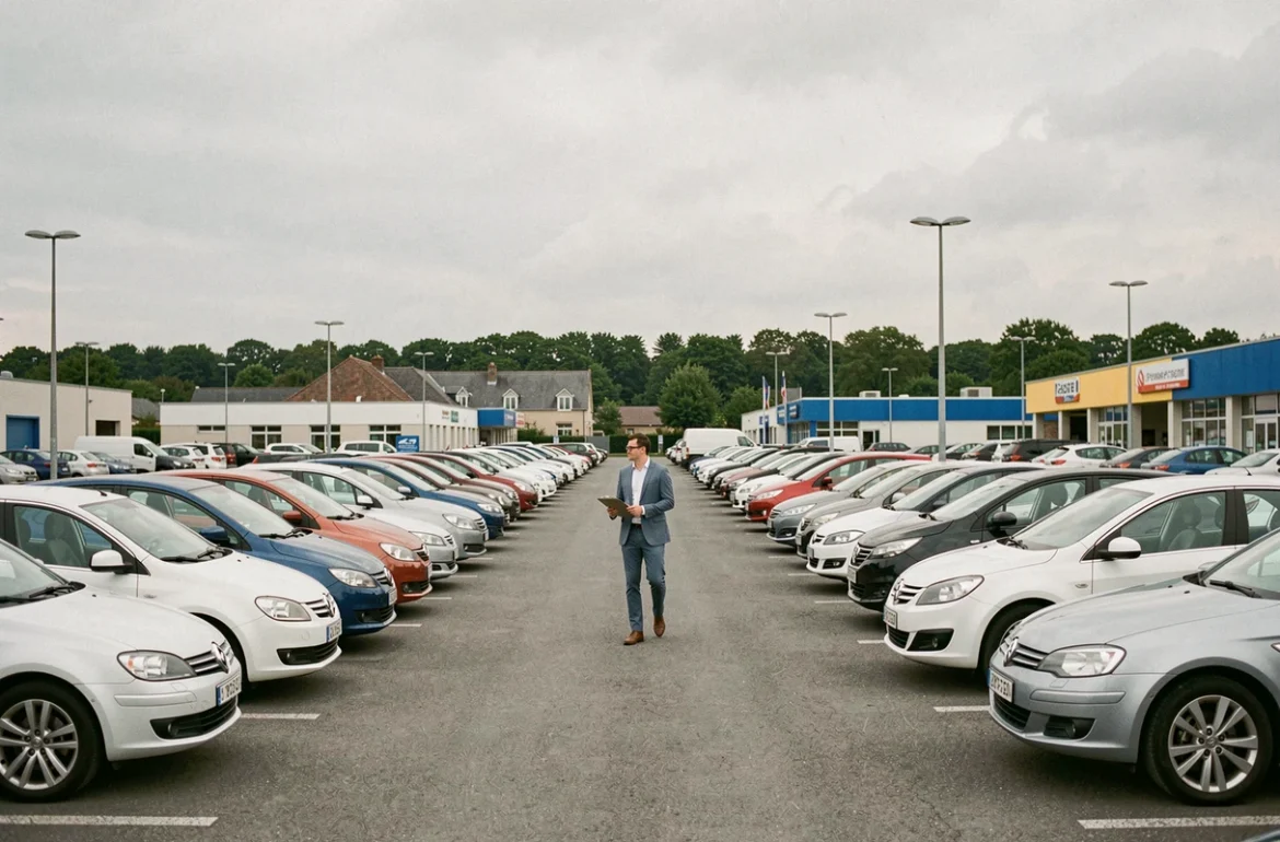 Vue d'ensemble d'un parking de concessionnaire de voitures d'occasion dans l'Oise avec plusieurs véhicules alignés