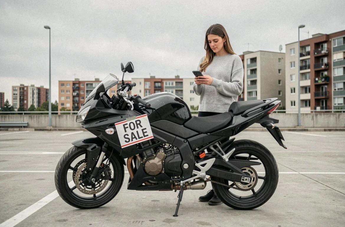 Femme téléphonant à côté d'une moto à vendre dans un parking urbain pour gérer sa résiliation d'assurance