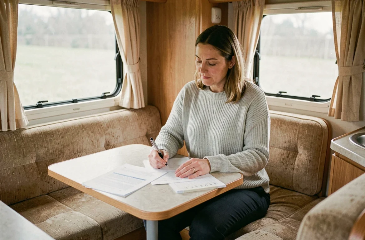 Femme vérifiant les documents administratifs d'une caravane occasion lors d'une visite entre particuliers