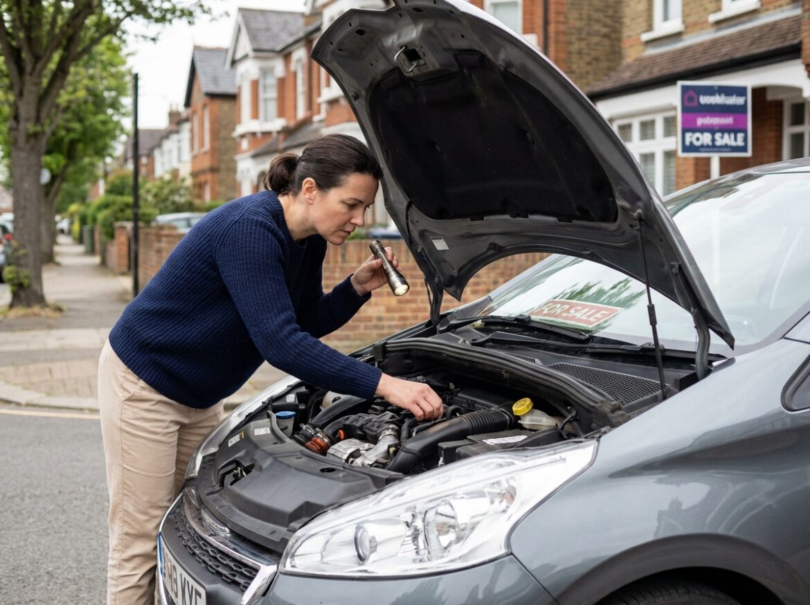 Femme vérifiant le compartiment moteur d'une Peugeot 208 grise lors d'un achat d'occasion entre particuliers