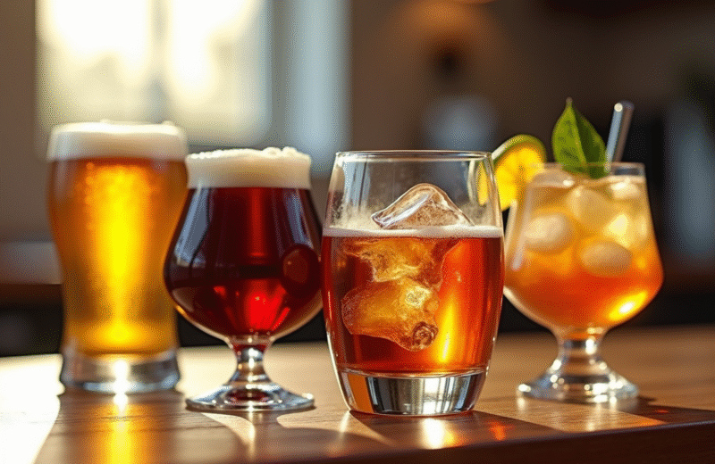 Différents verres de boissons alcoolisées sur une table en bois