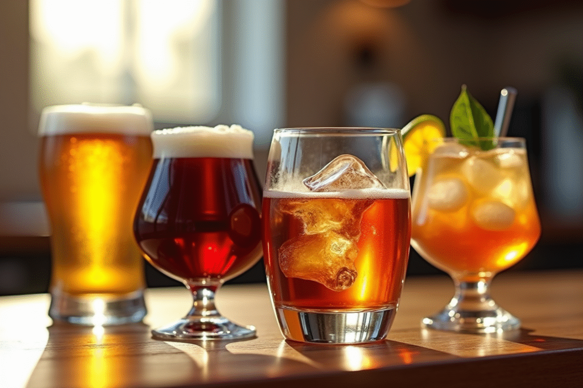 Différents verres de boissons alcoolisées sur une table en bois