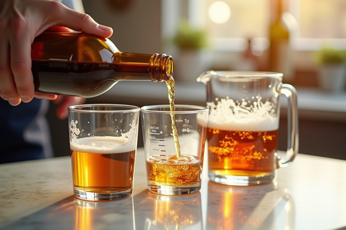 Mains versant des boissons alcoolisées dans des verres gradués