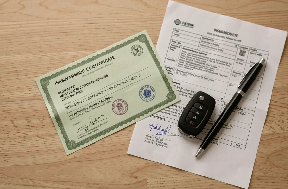 Vignette verte d'assurance auto posée sur un bureau avec une clé de voiture et un contrat d'assurance