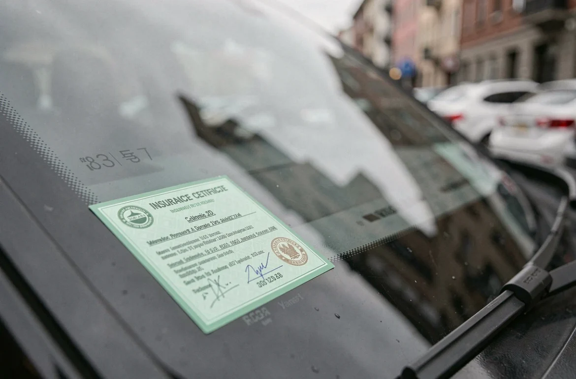 Vignette verte d'assurance automobile collée sur le pare-brise d'une voiture, vue de l'extérieur
