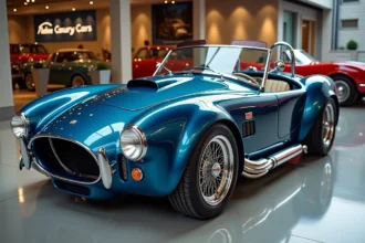 Voiture Cobra replica bleue métallisée dans une salle d'exposition automobile luxueuse, vue grand angle mettant en valeur le design musclé