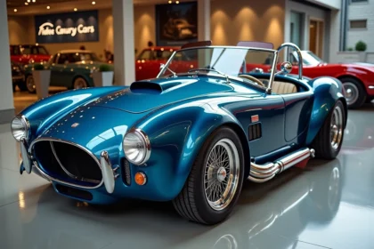 Voiture Cobra replica bleue métallisée dans une salle d'exposition automobile luxueuse, vue grand angle mettant en valeur le design musclé