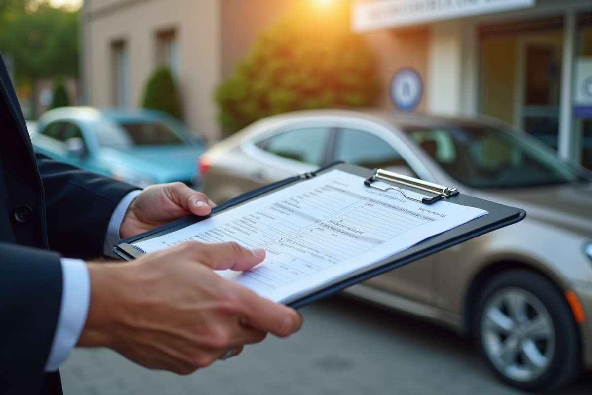 Voiture moderne devant un bureau administratif français en plein jour