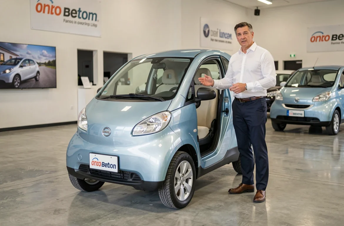 Vendeur présentant une voiture sans permis neuve dans une concession automobile