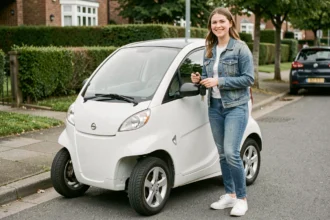 Jeune femme souriante à côté d'une voiture sans permis neuve blanche dans un quartier résidentiel