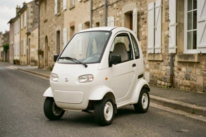 Voiture sans permis blanche compacte garée dans une rue résidentielle française