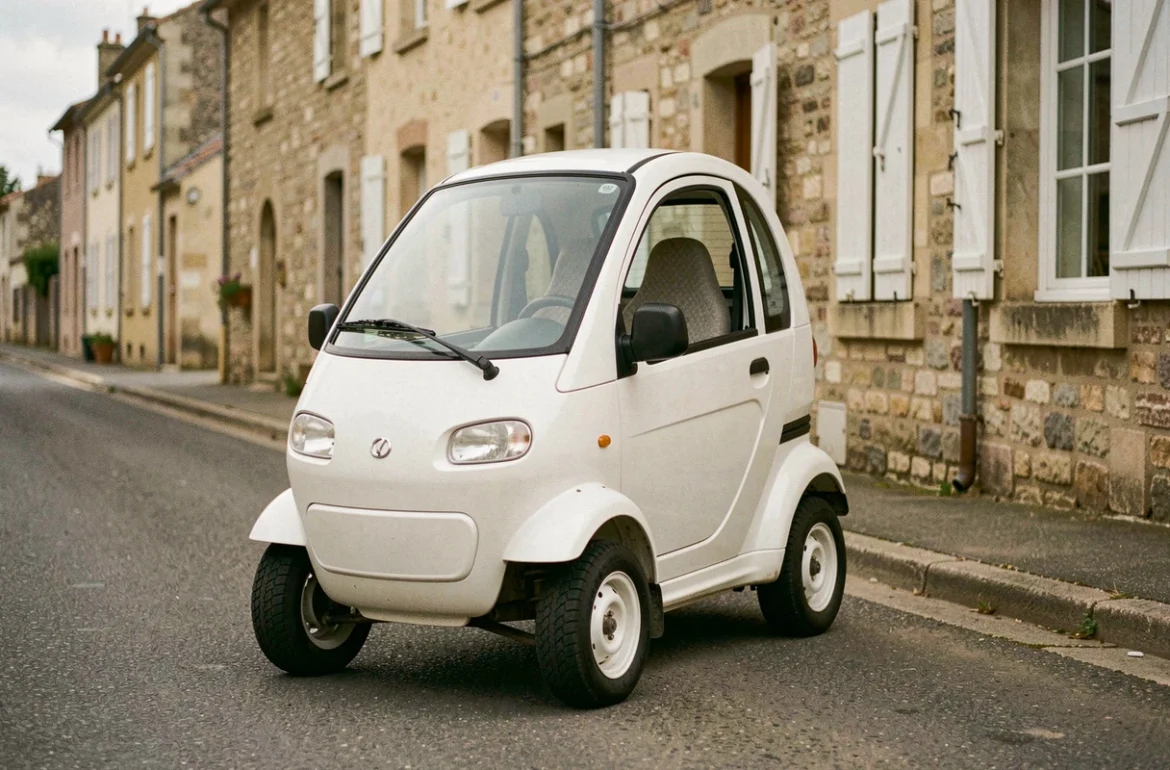 Voiture sans permis blanche compacte garée dans une rue résidentielle française