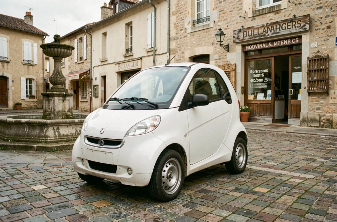 Voiture sans permis garée sur une place de village français avec architecture traditionnelle en arrière-plan
