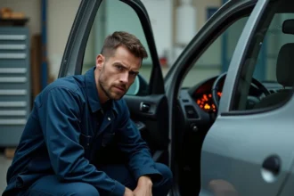 Mécanicien inspectant un voyant allumé sur le tableau de bord d'une Peugeot 206 dans un garage
