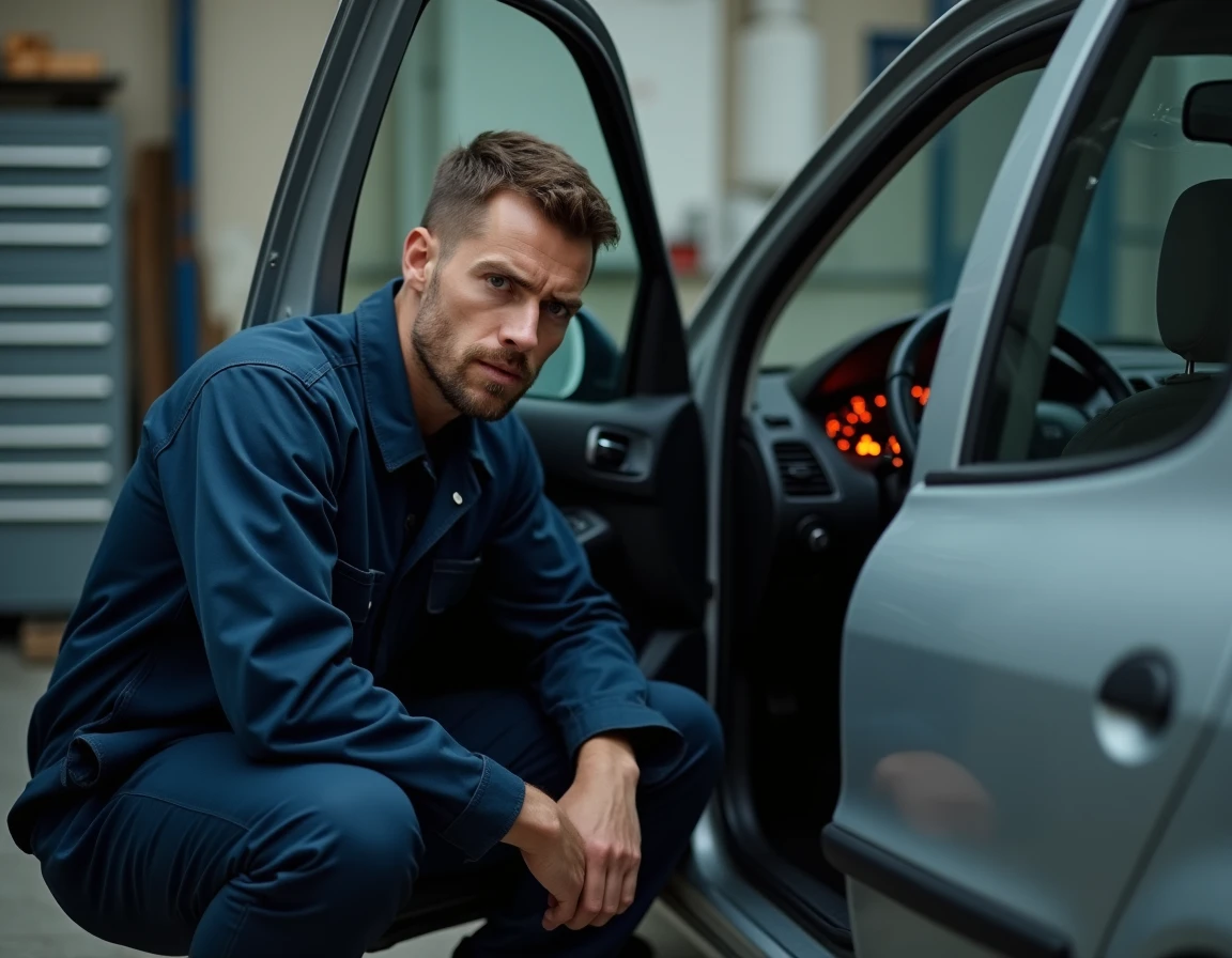 Mécanicien inspectant un voyant allumé sur le tableau de bord d'une Peugeot 206 dans un garage