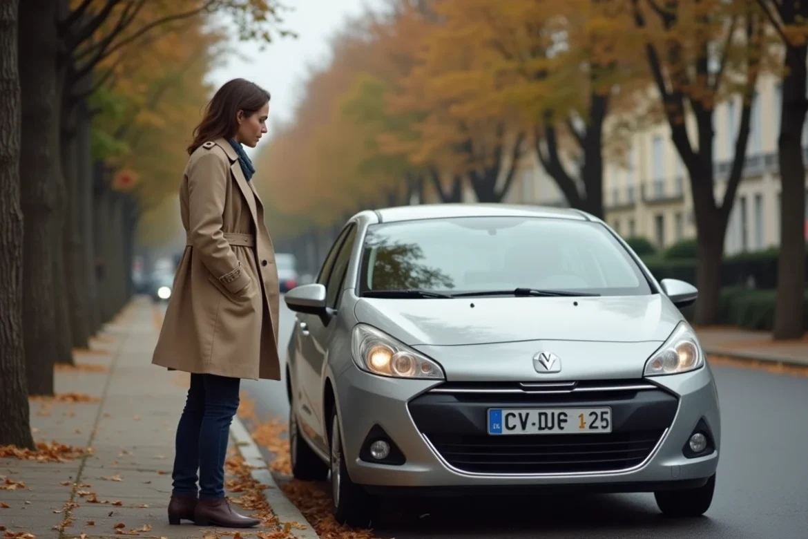 Femme inquiète face à un voyant moteur allumé sur tableau de bord d'une voiture diesel compacte en panne en bord de route