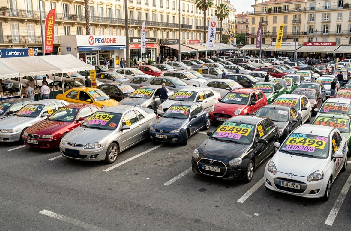 Vue du Vroom Market Marseille avec une large sélection de voitures d'occasion exposées dans un marché automobile urbain