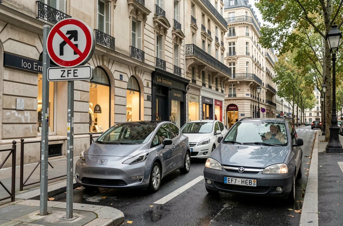 Panneau de zone à faibles émissions ZFE en ville avec véhicules électrique et thermique côte à côte